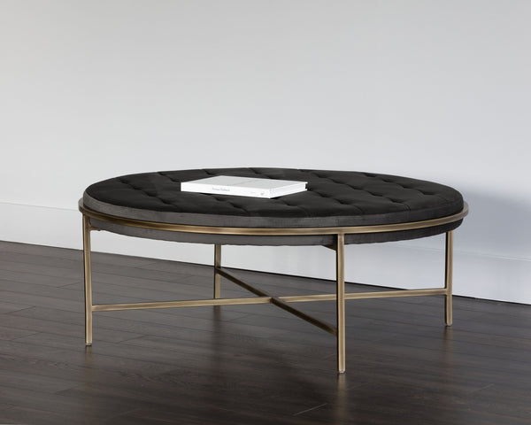 Sunpan Ethel Ottoman - Stylish Round Coffee Table with Durable Performance Fabric and Rustic Bronze Frame Piccolo Pebble