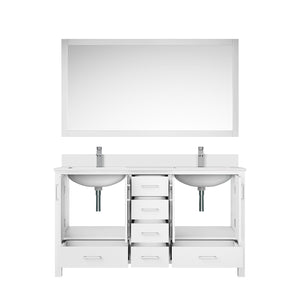 English Elm White Double Bath Vanity 60 in with Cultured Marble Top, Chrome Faucet, 58 in Mirror, Scratch-Resistant Finish B2731S01018