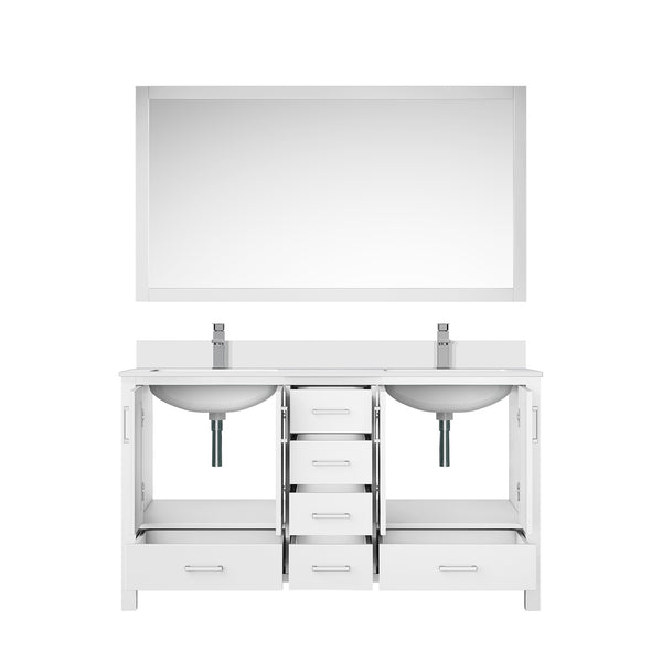 English Elm White Double Bath Vanity 60 in with Cultured Marble Top, Chrome Faucet, 58 in Mirror, Scratch-Resistant Finish B2731S01018