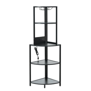 English Elm 5 5 Tier Corner Shelf LED with USB Plug, Black Metal+MDF Tall Narrow Standing Shelf for Corners W420P207358