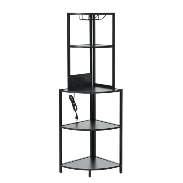 English Elm 5 5 Tier Corner Shelf LED with USB Plug, Black Metal+MDF Tall Narrow Standing Shelf for Corners W420P207358