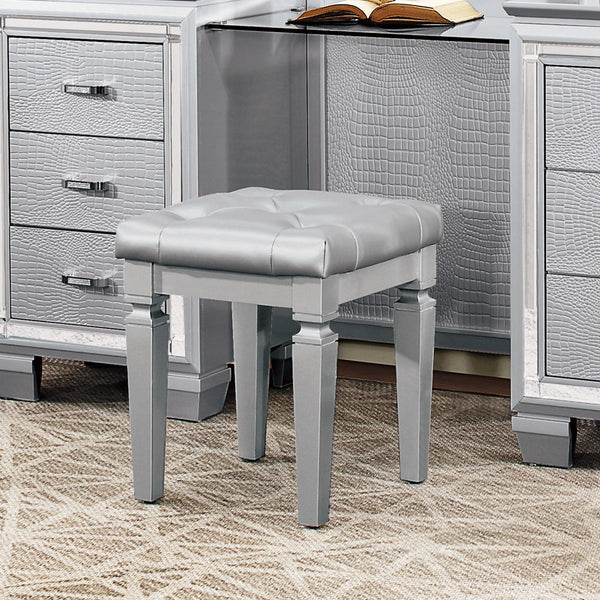 English Elm Modern Allura Tufted Vanity Stool with Acrylic Crystal Accent, Luxurious Faux Leather Seat, Chic Bedroom Accent Piece Silver 18.5 L x 17 W x 8.5 H B011P366051