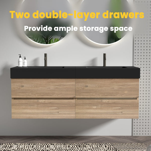 English Elm Grace 60" Bathroom Vanity Wall-Mounted Floating Mid-Century Modern Walnut Grille, Quiet Soft-Close Drawers and One-Piece White Basin (ECO) Black+Brown W1865S00168