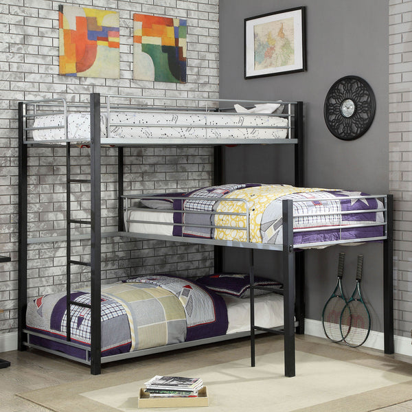 English Elm Unique Triple Twin Decker Bed Modern Metal 3-Tier Bunk with Dual Ladders, Guard Rails, Space-Saving Design B2741S00349