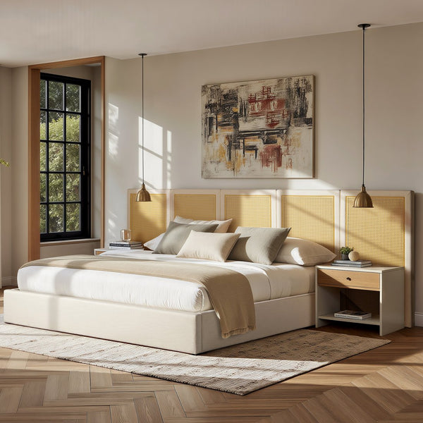 English Elm Jennifer Taylor Home - Capri Upholstered Extended Headboard Cane Platform Bed in Antique White Polyester, Coastal Chic B2719P385740