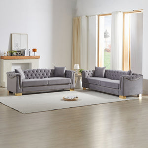 English Elm 3-seater Modular Chesterfield Velvet Sofa Tufted Gold Stud Detail for Elegant Living Rooms Grey W1926S00101
