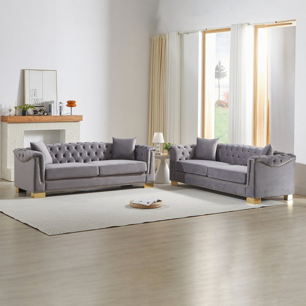 English Elm 3-seater Modular Chesterfield Velvet Sofa Tufted Gold Stud Detail for Elegant Living Rooms Grey W1926S00101