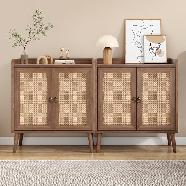 English Elm Sideboard Rattan Door Buffet Cabinet with Baffle Edge, Spacious Storage Credenza for Dining Hallway Vintage T3623P381056