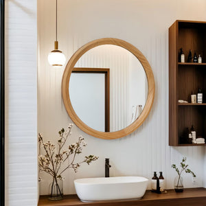 English Elm Natural Oak Round Wall Mirror Solid Wood Frame Minimalist Accent for Any Room W2295P414107