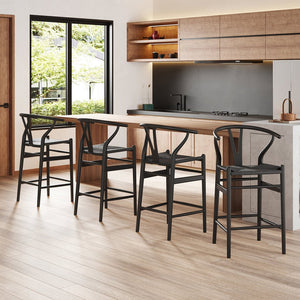 English Elm Wishbone Rattan Barstool with Woven Papercord Seat, Solid Ash Wood, Eco-Friendly Finish, Fully Assembled Black T3623P379811