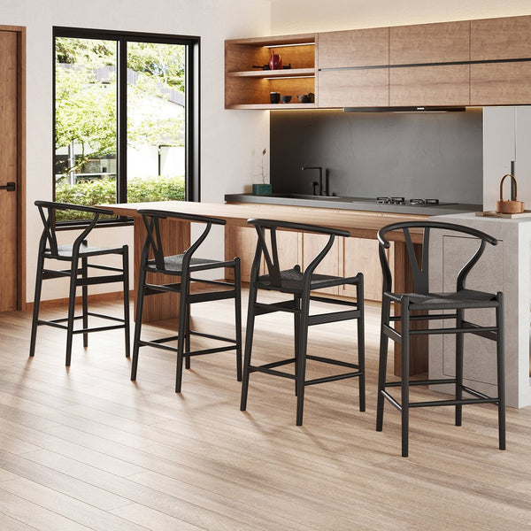 English Elm Wishbone Rattan Barstool with Woven Papercord Seat, Solid Ash Wood, Eco-Friendly Finish, Fully Assembled Black T3623P379811