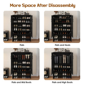 English Elm Shoe Cabinet Farmhouse 7-Tier 28-Pair Storage with Adjustable Shelves, Anti-Tip Rustic Organizer Black T3623P408192