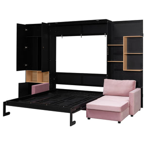 English Elm Queen Murphy Wall Bed with Velvet Sofa Built in Shelves Cabinets and Reading Lights Black LP000393AAB