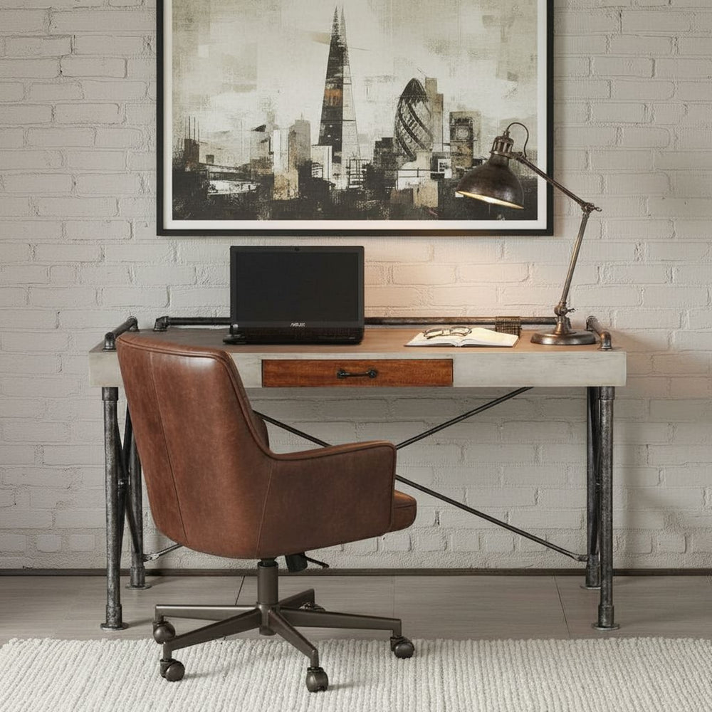 English Elm Steampunk Industrial Writing Desk with Faux Concrete Top and Iron Pipe Open Base B108P481215