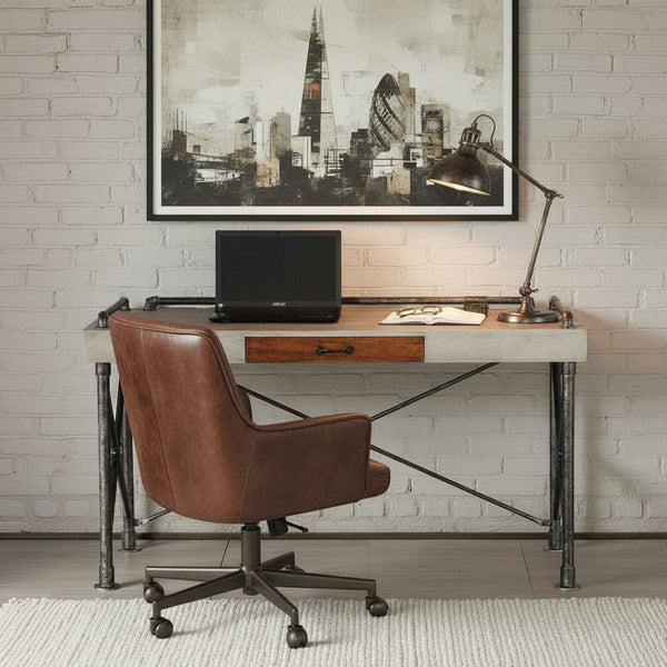 English Elm Steampunk Industrial Writing Desk with Faux Concrete Top and Iron Pipe Open Base B108P481215
