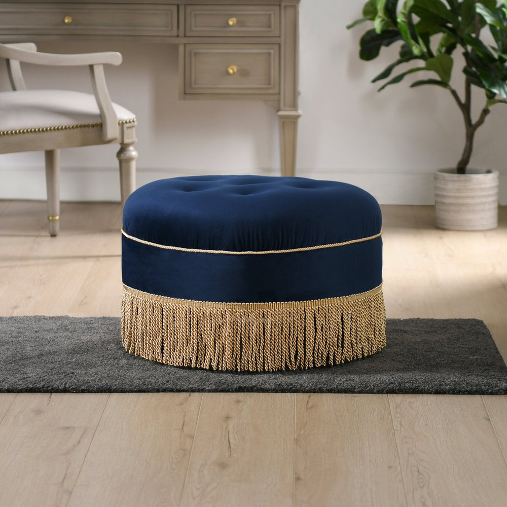 English Elm Jennifer Taylor Home - Yolanda 24" Round Upholstered Ottoman - Luxurious Navy Blue Velvet With Exquisite Gold Trim & Fringe B2719P238162