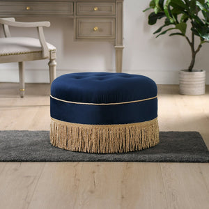 English Elm Jennifer Taylor Home - Yolanda 24" Round Upholstered Ottoman - Luxurious Navy Blue Velvet With Exquisite Gold Trim & Fringe B2719P238162