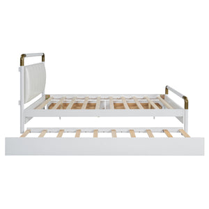 English Elm Queen Upholstered Platform Bed with Trundle & 2 Large Drawers, Padded Headboard, White/Walnut Elegance SF000190AAK