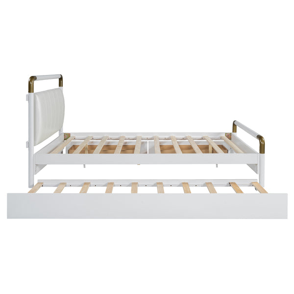 English Elm Queen Upholstered Platform Bed with Trundle & 2 Large Drawers, Padded Headboard, White/Walnut Elegance SF000190AAK