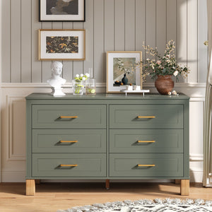 English Elm 6-drawer Double Dresser Solid Wood Legs Mid-century Modern Bedroom Storage Cabinet Olive W1445S00005