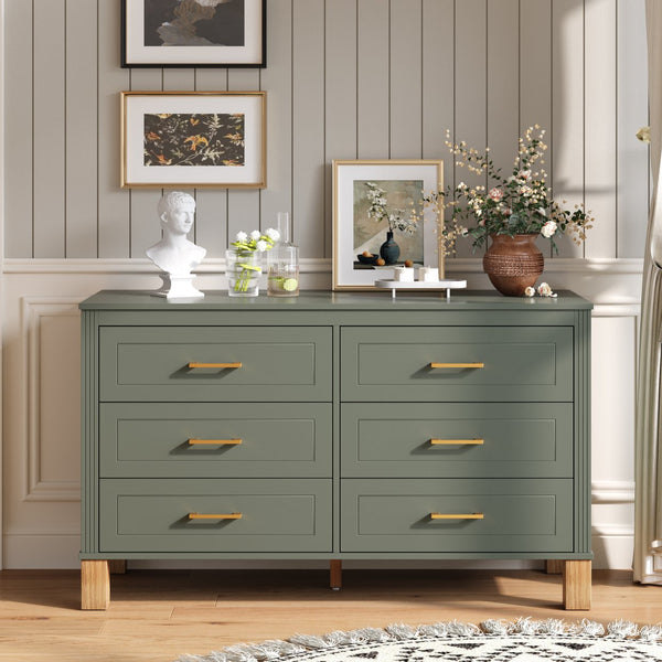 English Elm 6-drawer Double Dresser Solid Wood Legs Mid-century Modern Bedroom Storage Cabinet Olive W1445S00005