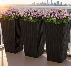 English Elm Outdoor Tall Rattan Style Column Planters Set of 3 Uv Resistant Pp with Drainage T3971P423354