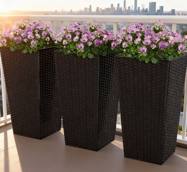 English Elm Outdoor Tall Rattan Style Column Planters Set of 3 Uv Resistant Pp with Drainage T3971P423354