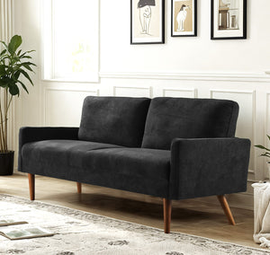 English Elm Velvet Upholstered Three Seat Sofa with Tapered Rubberwood Legs Mid Century European Style Black B2735P291964