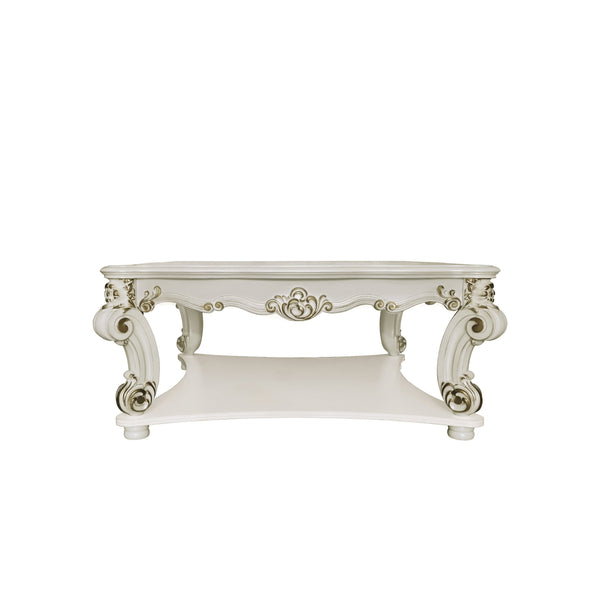 English Elm Vendome Antique Pearl Finish Square Coffee Table with Scrolled Legs and Bottom Shelf, Transitional Design Off White 51 L x 51 W x 10 H B2726P281470