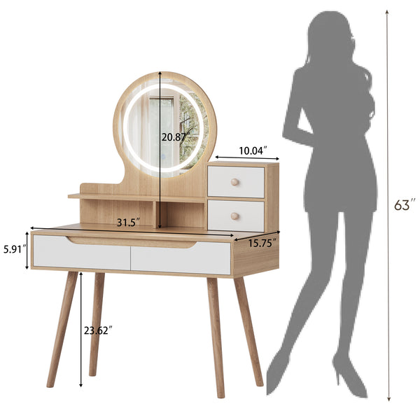 English Elm Makeup Vanity Desk with LED 3-Mode Lighted Mirror, Solid Wood Feet, 4 Drawers & Shelves, Oak Finish W509P238991