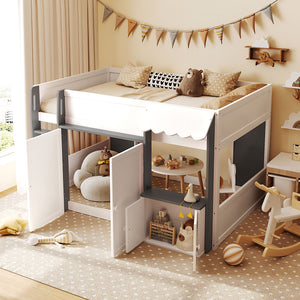 English Elm Twin House Loft Bed with Pull Out Rolling Desk Stair Drawers and Cabinet Storage White+Gray N820S00074E