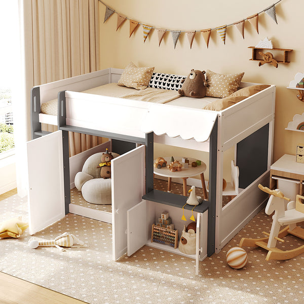 English Elm Twin House Loft Bed with Pull Out Rolling Desk Stair Drawers and Cabinet Storage White+Gray N820S00074E