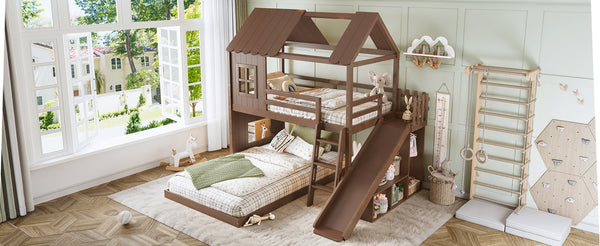 English Elm Twin Over Full Playhouse Bunk Bed with Slide Ladder Storage Shelves and Wardrobe Antique Natural W5305S00041