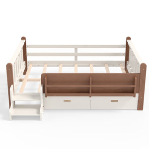 English Elm Twin Kids Platform Bed with Trundle Staircase Bookshelf and Rounded Safety Rails Beige W1580S00539