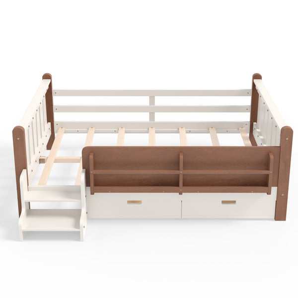 English Elm Twin Kids Platform Bed with Trundle Staircase Bookshelf and Rounded Safety Rails Beige W1580S00539