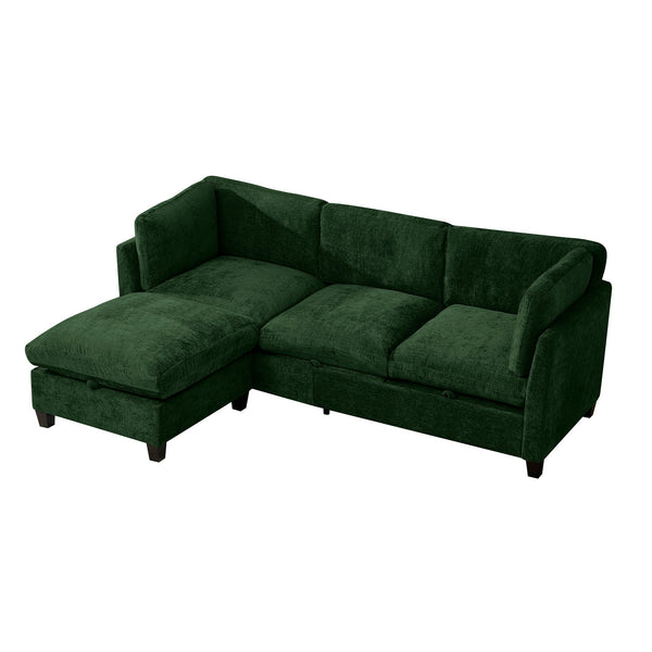 English Elm 96.5" L-shaped Chenille Sectional with Storage Ottoman Eucalyptus Frame Living Room Green W1097S00283