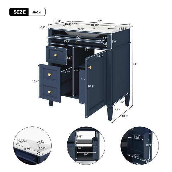 English Elm 30'' Modern Bathroom Vanity With Ceramic Sink, 3 Drawers & Storage Cabinet – Stylish & Durable Design N710P206904C
