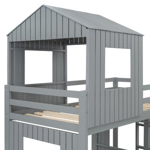 English Elm Wooden Twin Over Full Bunk Bed Farmhouse Playhouse Slide Pinewood Kids Loft Gray LT000328AAN
