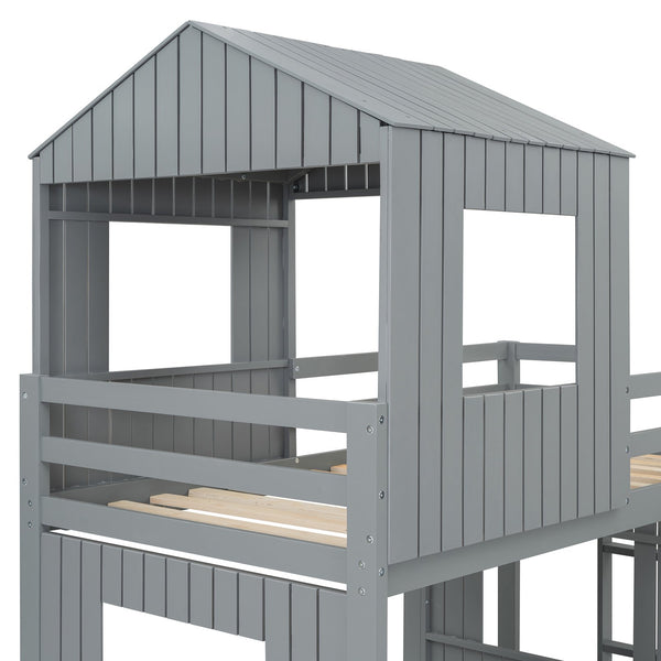 English Elm Wooden Twin Over Full Bunk Bed Farmhouse Playhouse Slide Pinewood Kids Loft Gray LT000328AAN