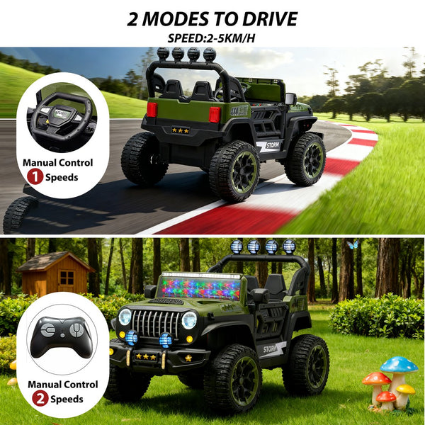 English Elm 24v Two Seat Kids Ride on Car with 4wd Motor Remote Control and Led Lights Green W509P378205