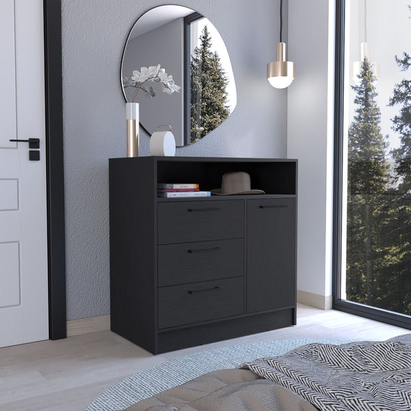 English Elm Omaha Dresser with 3 Spacious Drawers and Single Cabinet Storage, Sleek Pulls, Durable Wood Finish Black 38 L x 25 W x 4 H B070S00226
