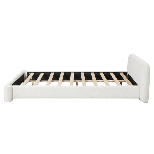 English Elm [cozy White Boucle Platform Bed Low Profile Birch Frame for Modern Bedroom N769P348244A