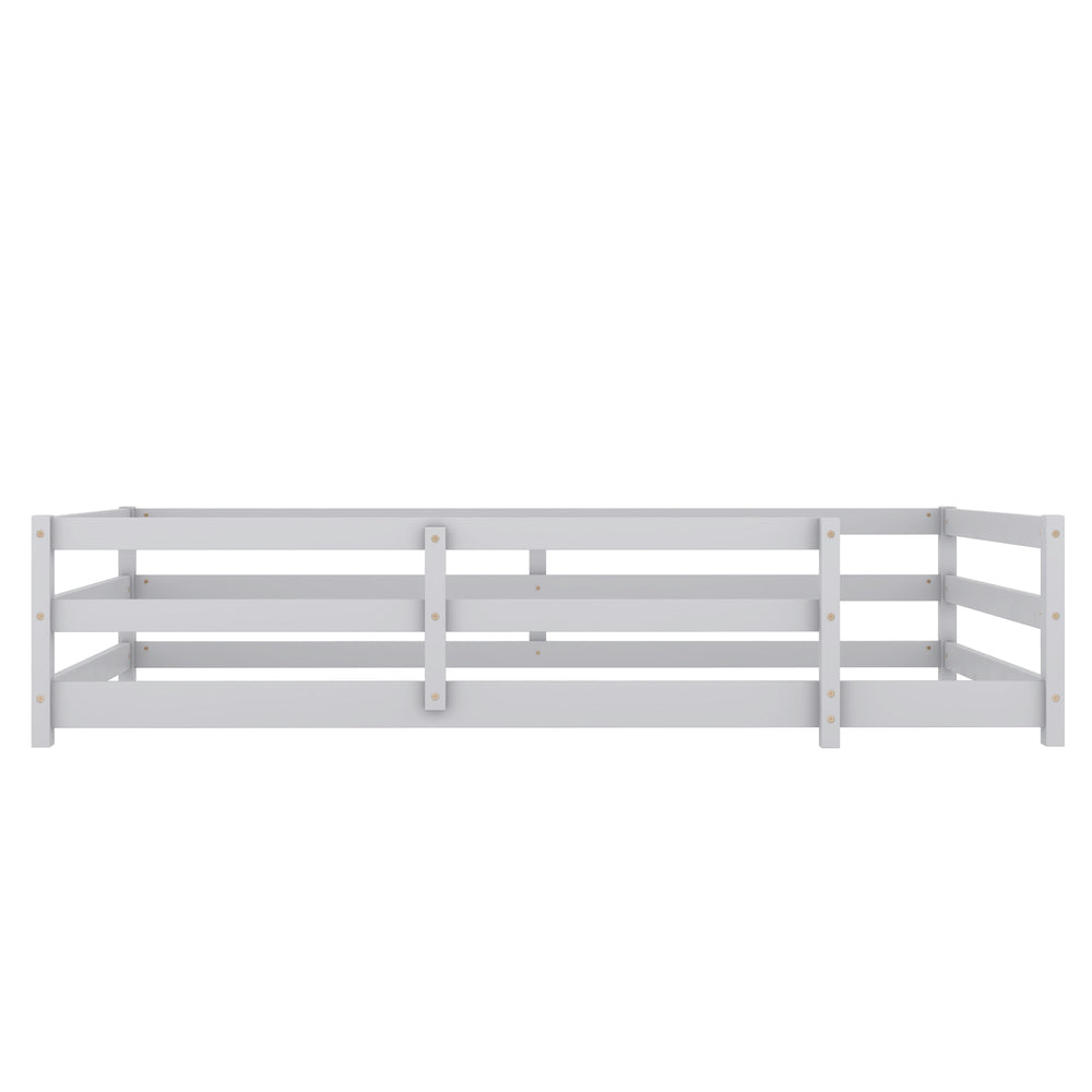 English Elm Twin Pine Montessori Floor Bed with Safety Fence — Grey Low-Profile Kids Twin Frame, 77"x38.9" Interior W1820P369890