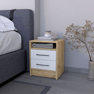 English Elm Philadelphia Nightstand with Two Drawers and Concealed Shelf, White & Light Oak Accent, Sleek Storage Design Multicolor 23 L x 19 W x 7 H B128P148786