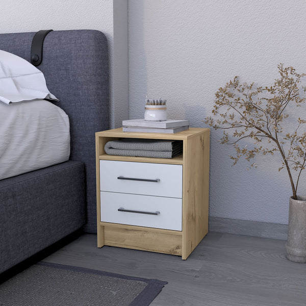 English Elm Philadelphia Nightstand with Two Drawers and Concealed Shelf, White & Light Oak Accent, Sleek Storage Design Multicolor 23 L x 19 W x 7 H B128P148786