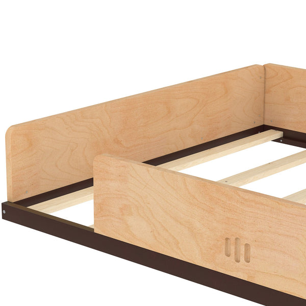 English Elm Full Size Car Shaped Kids Platform Bed with Storage Drawers Integrated Desk Pine Wood Natural W1580S00489