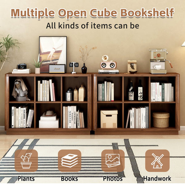 English Elm 6 Cube Farmhouse Bookcase Low Horizontal Wood Shelf Walnut Finish for Living Room W2641P460042