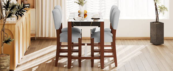 English Elm 5-Piece Counter Height Dining Set with Faux Marble Top and Upholstered Seats, Mid-Century Pub Charm Black+ Gray N752S000086B