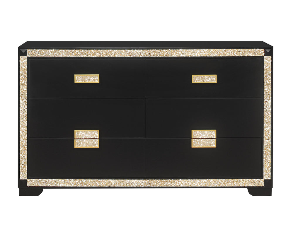 English Elm LIVELY Glam Chest with Gold Accents, Solid Wood & MDF Construction, Glitter Detail, Spacious Drawers Black 66 L x 20.25 W x 38 H B201P289718