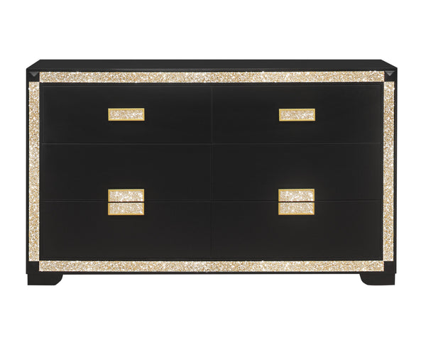 English Elm LIVELY Glam Chest with Gold Accents, Solid Wood & MDF Construction, Glitter Detail, Spacious Drawers Black 66 L x 20.25 W x 38 H B201P289718